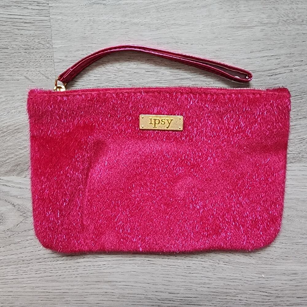 IPSY Solid Pink Fuzzy Zipper Closure Mini Handbag Wristlet Casual Everyday